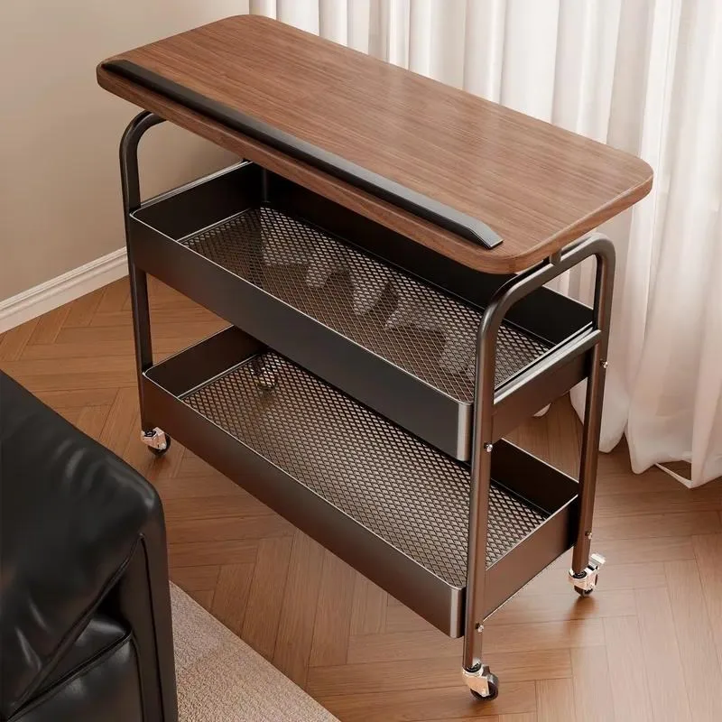 Customizable Movable Two Layer Rectangular Metal Storage Cart with Wheels Simple Elegant Snack Rack for Sofa Side