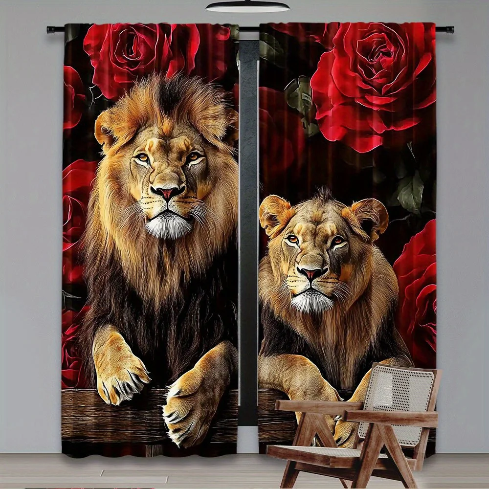 2 Panels Lion and Red Rose Printed Curtains Polyester Drapes for Living Room Bedroom Window Treatment Home Decor