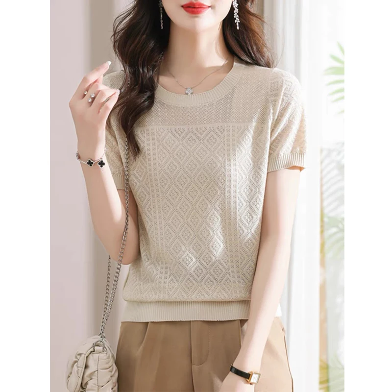 Women Korean Fashion Solid Elegant Ice Silk Knitted T-shirt 2024 New Summer Casual O Neck Short Sleeve Slim Basic Pullover Tops