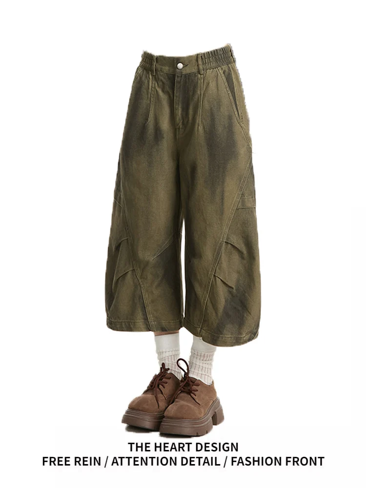 

Окрашенная в американском стиле спецодежда в стиле ретро, женская летняя новая свободная прямая широкая плиссированная джинсовая одежда на семь футов, повседневная высокая талия...