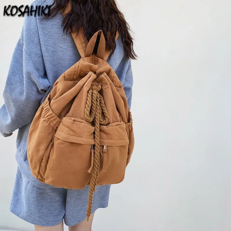 

Trendy Personality Drawstring Backpacks Women Ins Simple Grunge Students Washed Canvas Bags High-capacity Y2k Vintage Schoolbags