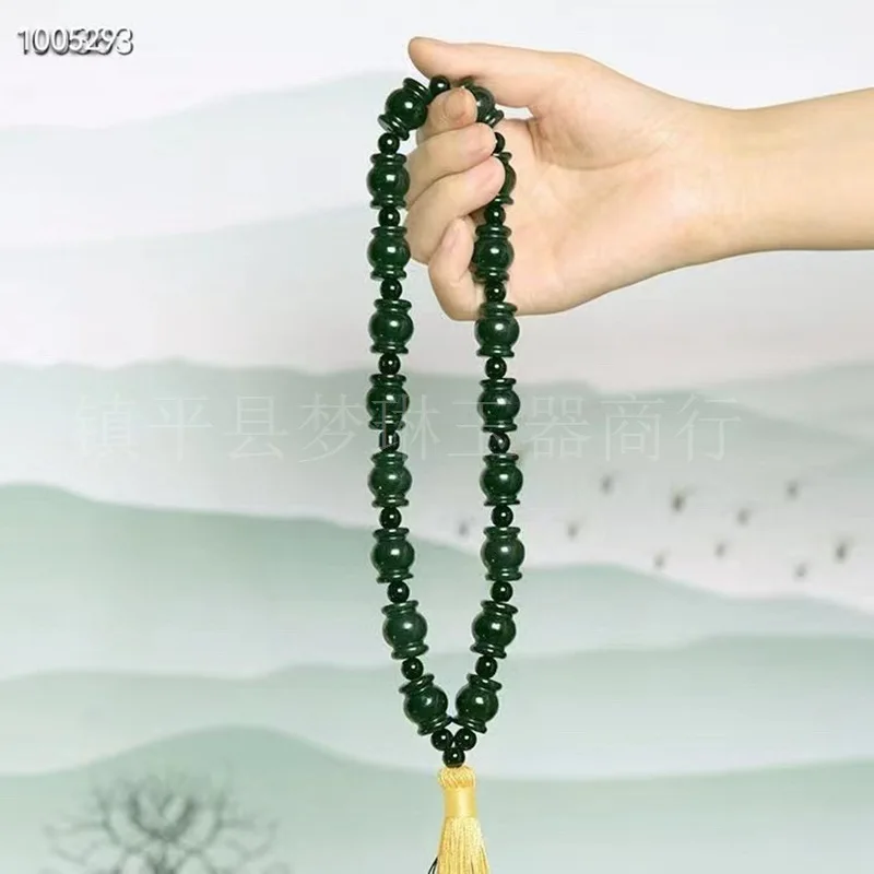Natural Hotan Green Jade Vase 18-Piece Unisex Handheld Bead Buddhist Bracelet