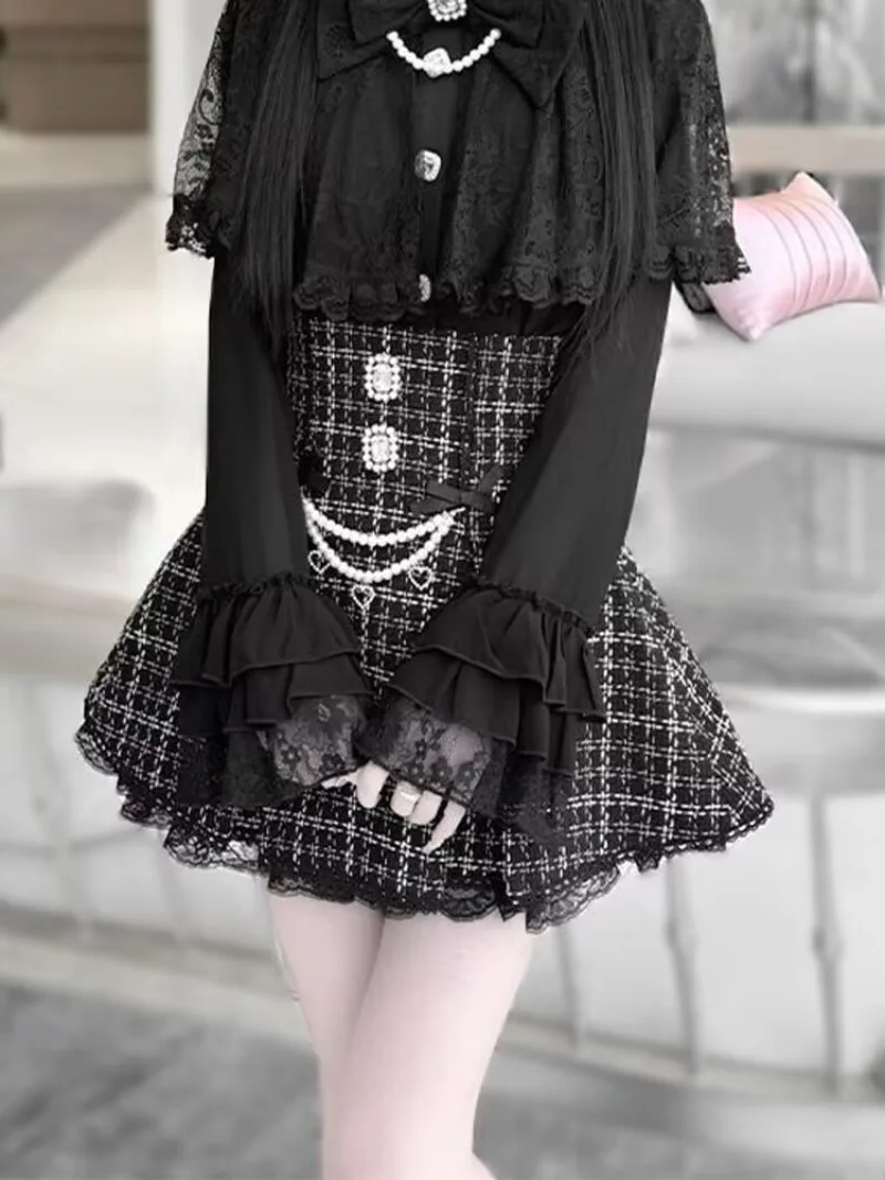 

Kawaii Girl Кружевной плащ с жемчужным бантом Рубашка + юбка с высокой талией Комплекты японских платьев для девочек Y2k Комплекты из двух предметов Женские наряды Осень Новый