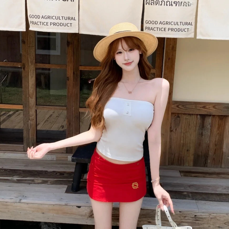 Summer New Style Pure Desire Button Splice Inner Anti-Slip Strip Tube Top Vest Slim Integrated with Chest Pad Top