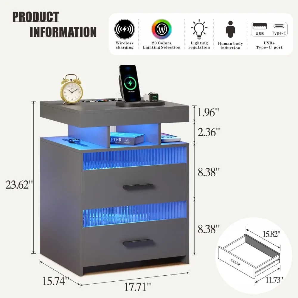 Bedside-End-Table-Smart RGB Nightstand with USB/Type-C/Wireless Charging Station and Human Sensor LED Lights