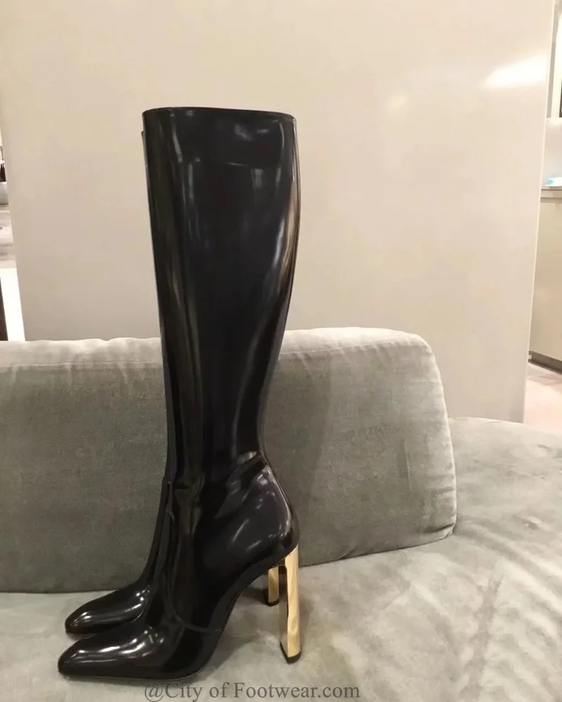 Pointed Toe Black Patent Leather Knee High Boots Zip Gold Heeled Sexy Women 2023 Winter New Tall Boot Luxury Designer Shoes