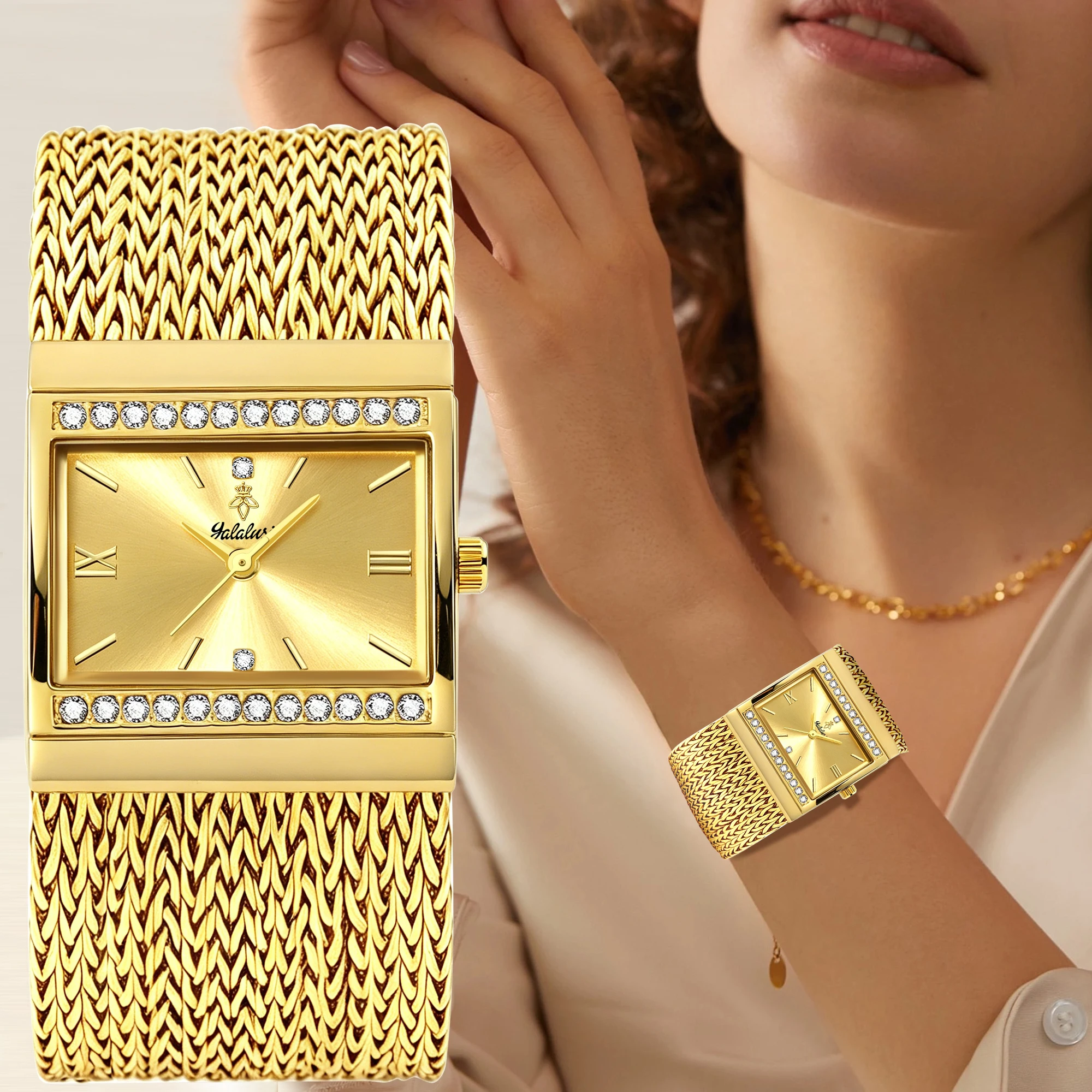 YaLaLuSi Vintage-style Square Ladies’ Quartz Watch with Roman Numerals, Rhinestone Bezel and Wheat-pattern Strap
