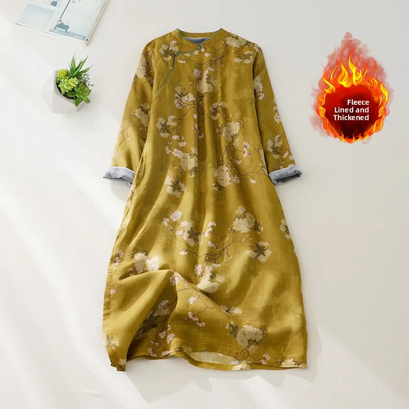 Thiened Fce Algodão Linho Longo Sve Floral Estampado Gola Dr para Mulheres Plus Size Étnico Sle Casual Inverno Dr