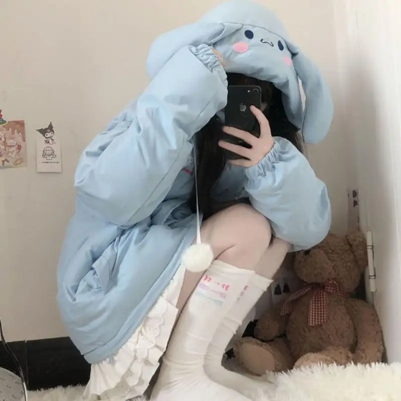 Sanrio Cinnamoroll Hooded Down Jacket Kawaii Anime Figure Winter Thicken Cotton Coat Student Korean Version Loose Tops Cute Soft