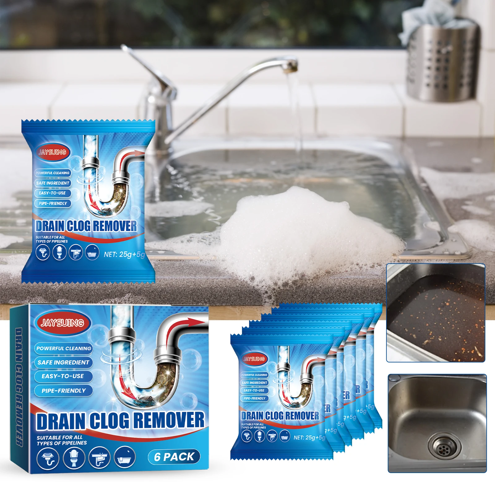 Polvo de eliminación de obstrucción de tubería de drenaje, desodorante de limpieza de inodoro, inodoro, cocina, alcantarillado, antibloqueo, 6 piezas