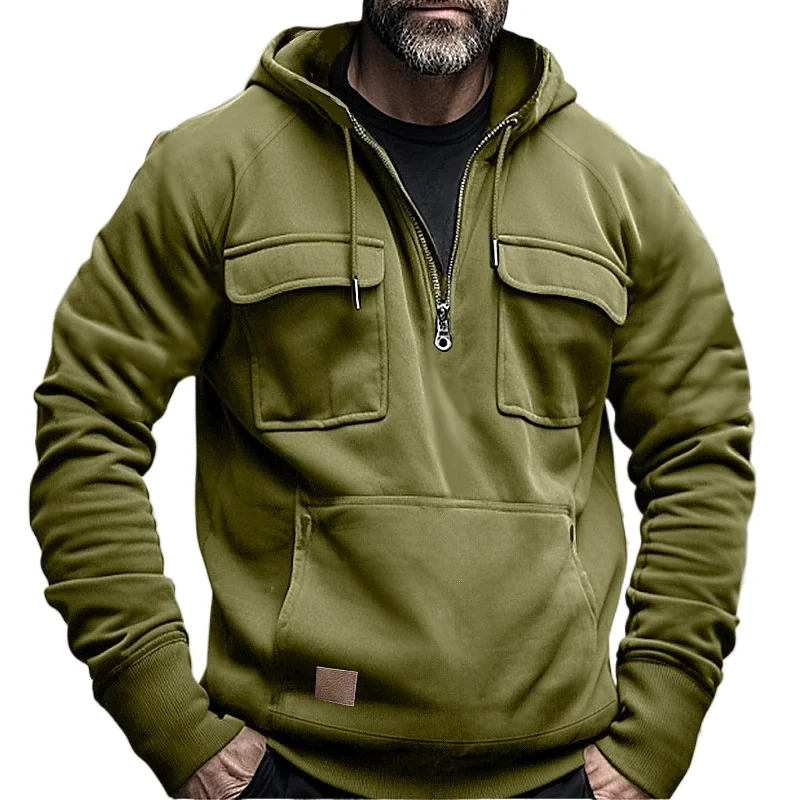 

Half Zipper Men's Tactical Hoodies Solid Warm Fleece Military Sweatshirts Multi Pockets Male Hooded Jackets Thick Outdoor Polar