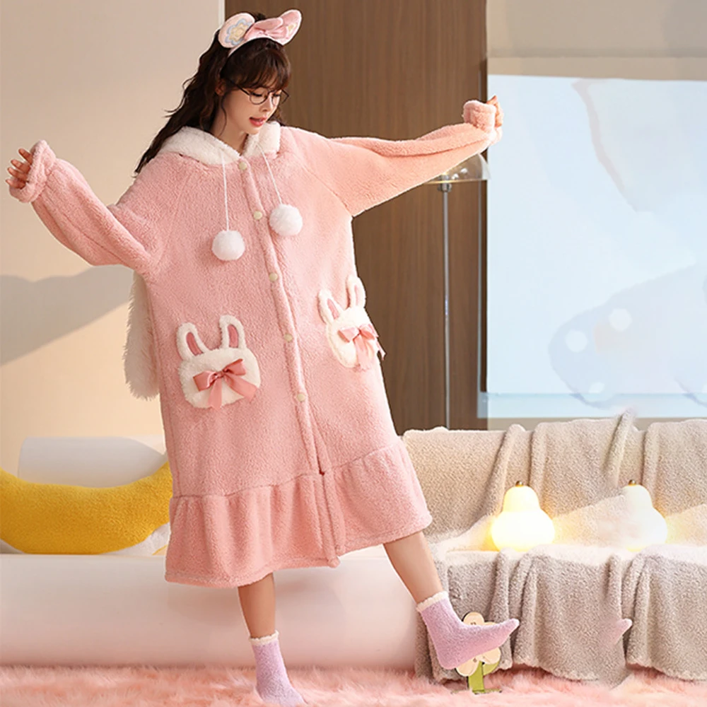 Fluffy Long-eared Hooded Nightgown With Trousers 2 Piece Set Winter Flannel Thickened Warm Pajamas Set Pink Cute Cartoon Robes