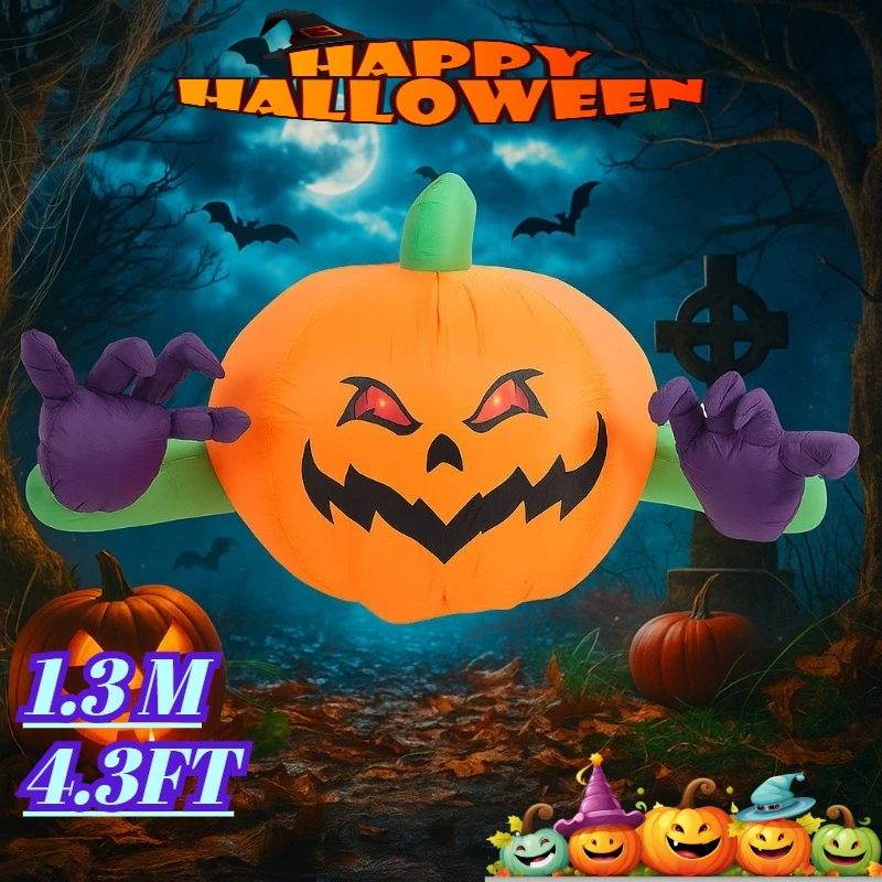 

4.3FT Inflatable Toys Halloween Decorations Purple Hand Pumpkin Head Party Holiday Decor Outdoor Inflatable Model with LED Light
