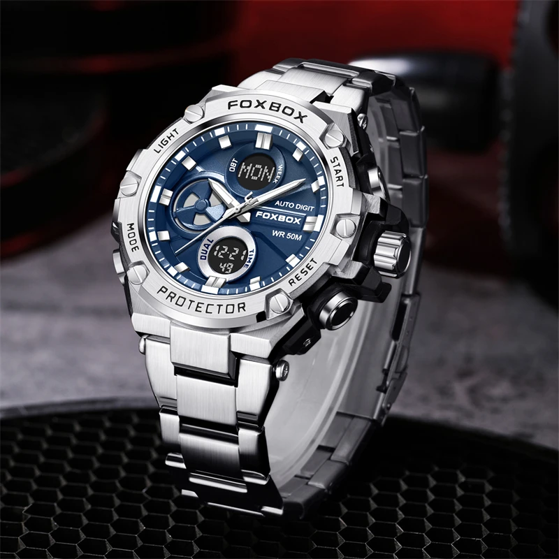 FOXBOX Men Digital Watch LED Sport Military Mens Quartz Wristwatch Male Luminous Waterproof Clock Watches+Gift Box