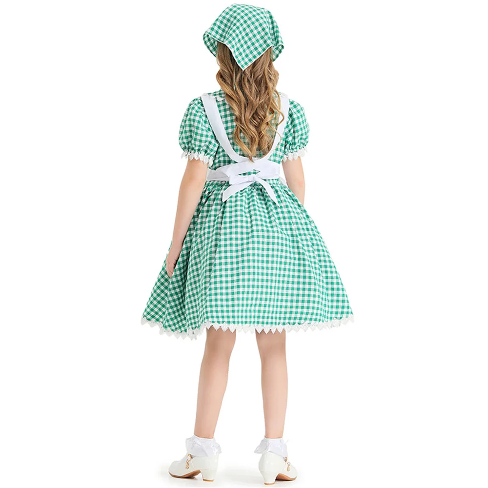 Girl Cute Green Plaid Dress Cosplay Pastoral Style Farm Maid Costume Kids Oktoberfest Beer Wench Waitress Dirndl Dress