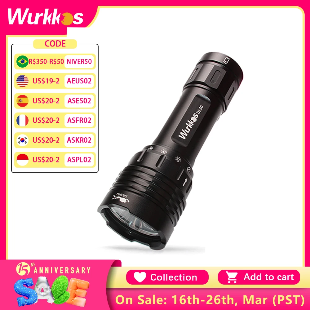 Wurkkos DL30 21700 Diving Flashlight 3600 Lumens IPX8 Waterproof 90 CRI Rechargeable Diving Light with 3 Modes for Scuba Fishing