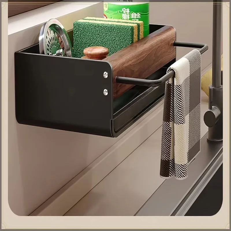 No Punch Suction Mount Side Sink Storage Rack Walnut Texture Aluminum Draining Basket Multi-functional Kitchen Utensil Holder