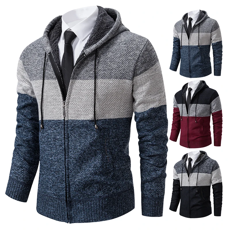 Men\'s Thick Warm Cardigan Striped Fleece Sweater Coat Hooded Jackets Jumper Coar with Cap Y2K Male Clothing