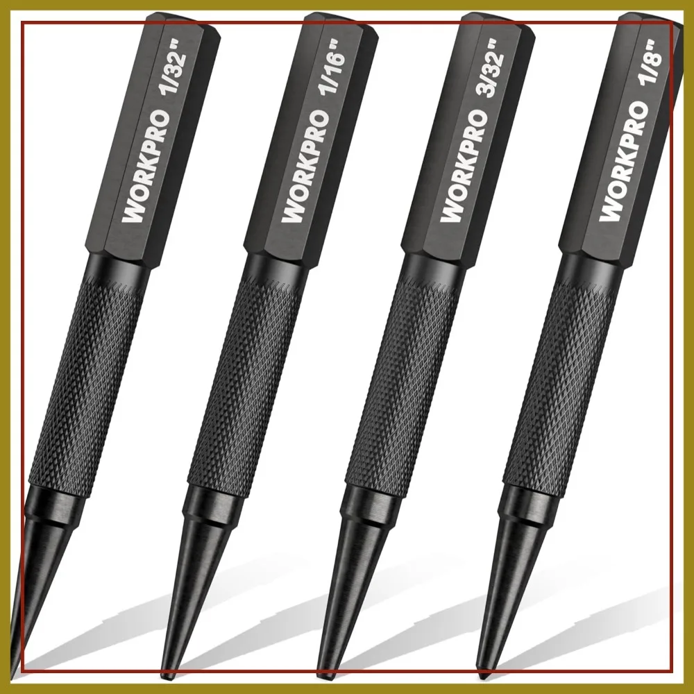 

4-Piece Nail Punch & Center Punch Set, Cr-V Steel, Knurled Grip, 1/32", 1/16", 3/32" Nail Setter & 1/32" Center Punch