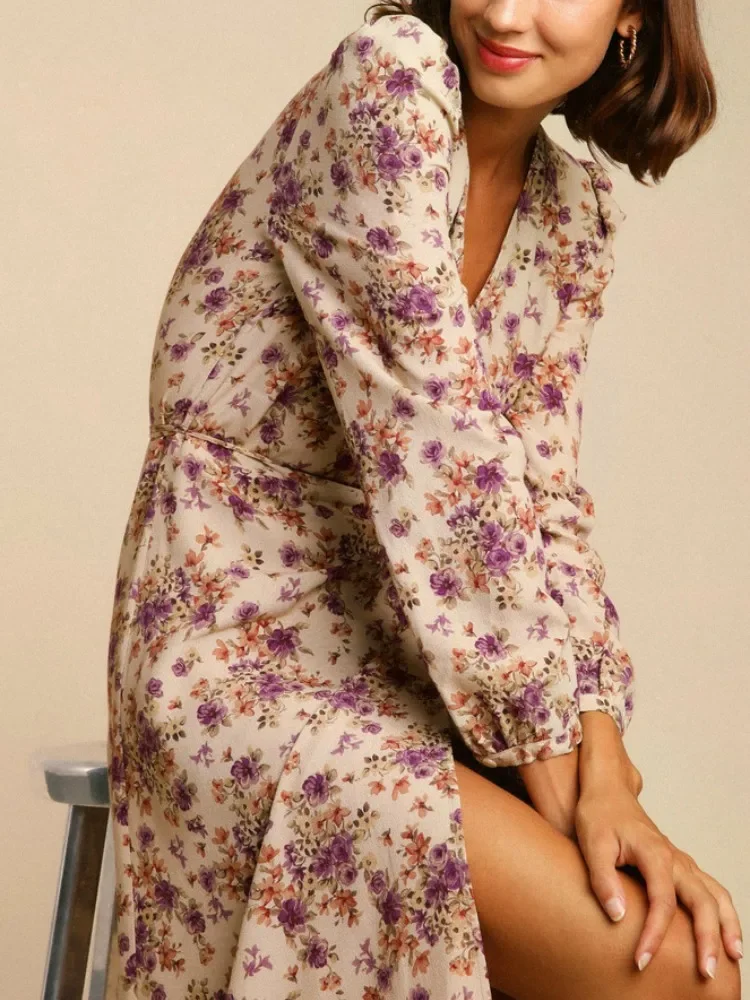 

Autumn Ladies French Single Breasted Lace Up Slim A-line Dresses Women's Printed V-Neck Long Sleeve Midi Dress