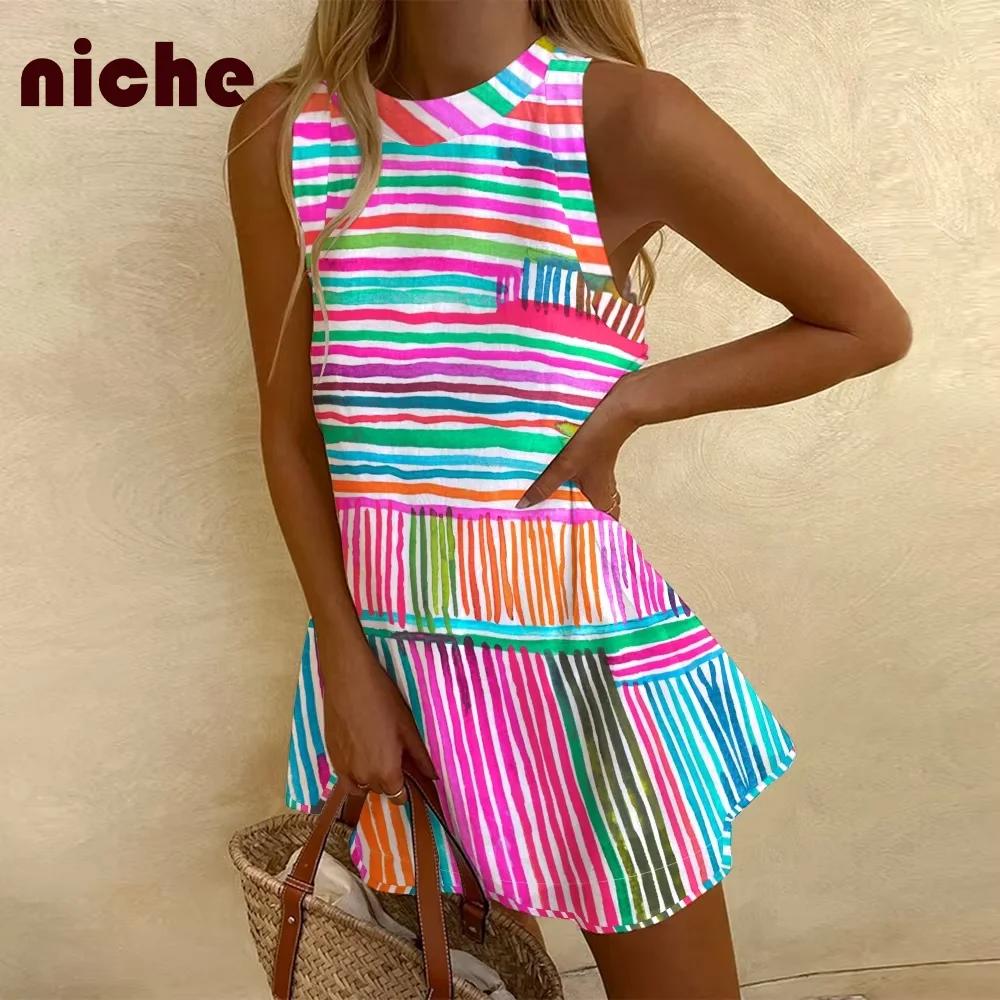 

Women's Sleeveless Dress Y2k Style Line Striped Graphic Printing High Quality Cotton And Linen Fabric Chic Trend New Beach Skirt