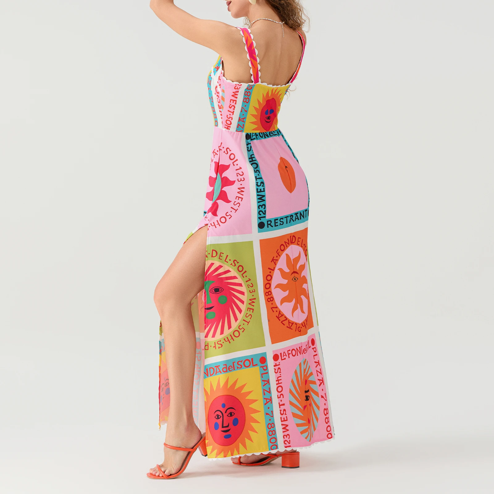 Moda donna Cami Dress Sun Smile Face Print tasche laterali abito senza maniche Beach Holiday fessura abito lungo Streetwear