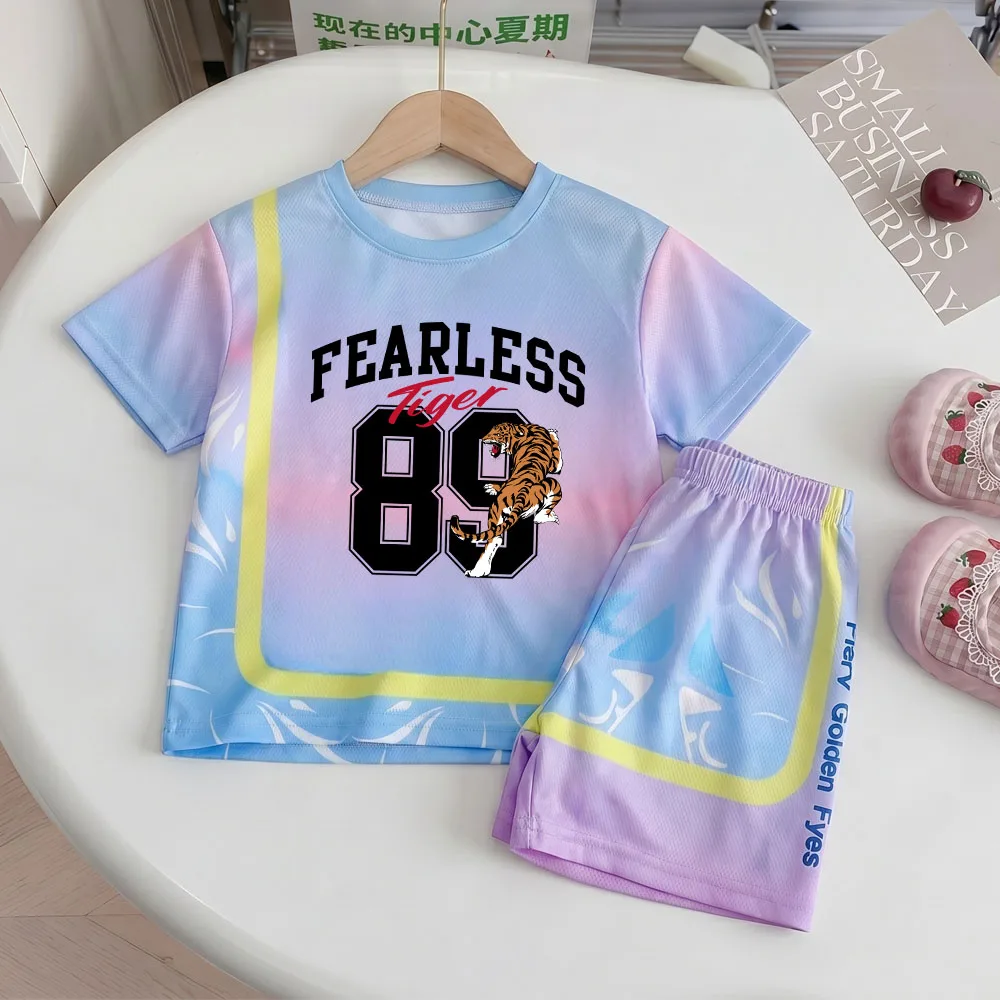 Sommerliche Freizeitoutfits für Jungen und Mädchen, modische Sportkleidung mit Buchstaben-Print, Kinder-Sportanzug, Kurzarm-T-Shirt und Shorts, 2-teilig