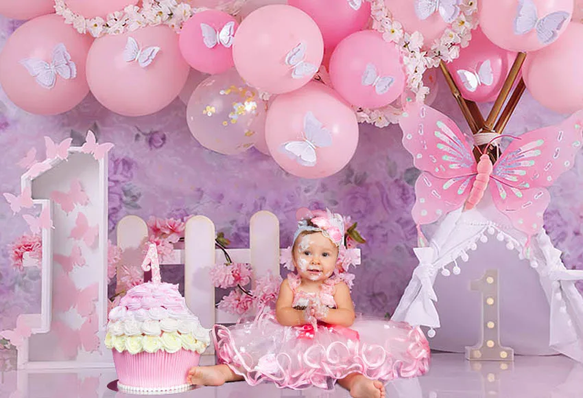 Mehofond Photography Background Pink Balloon Garden Floral Butterfly Girl 1st Birthday Party Portrait Decor Backdrop Photo Studi