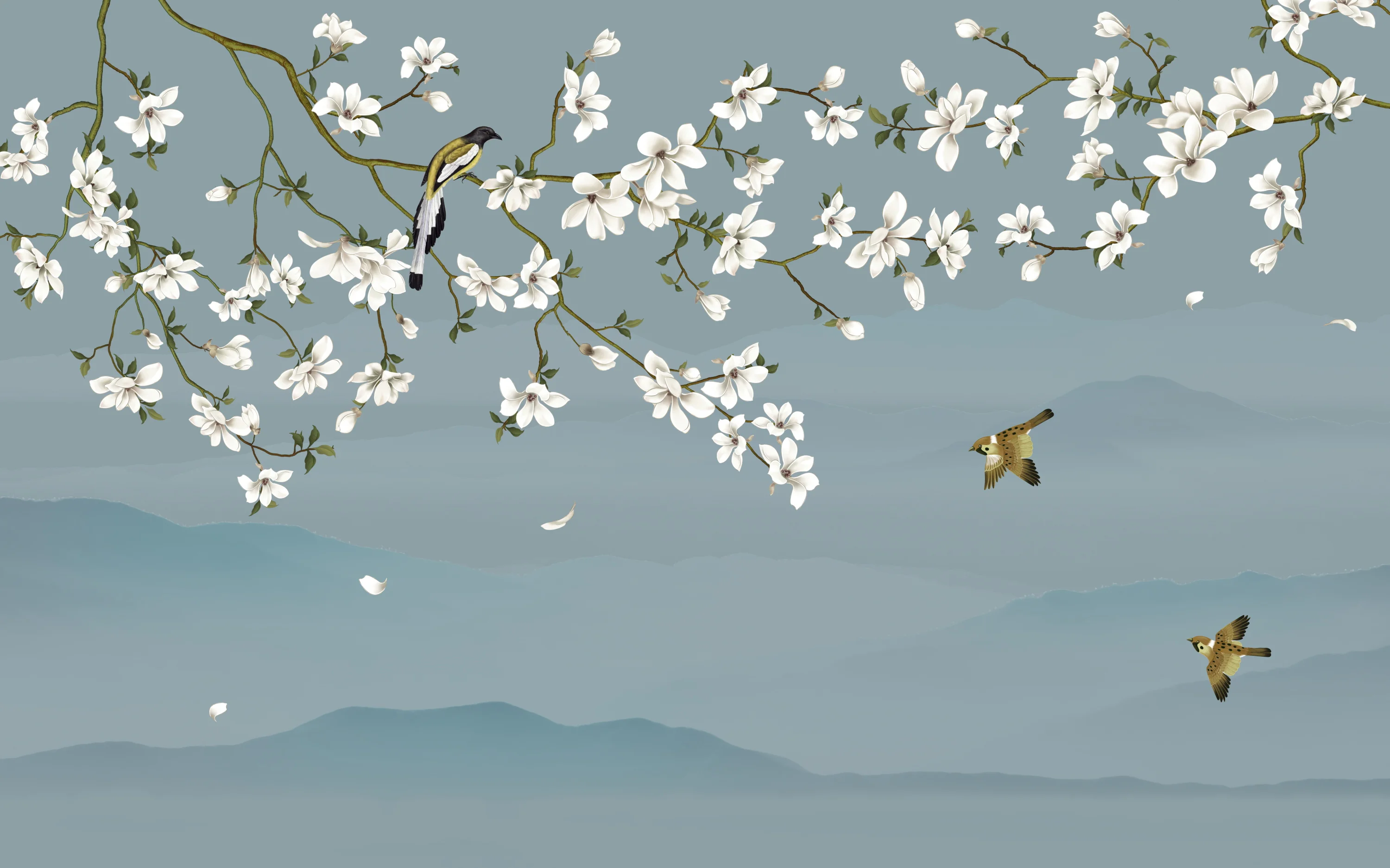 

Цветы и птицы, ветви с цветами сливы и персика, настенное панно, декор для дома, гостиная, спальня, 3D обои, можно изготовить на заказ