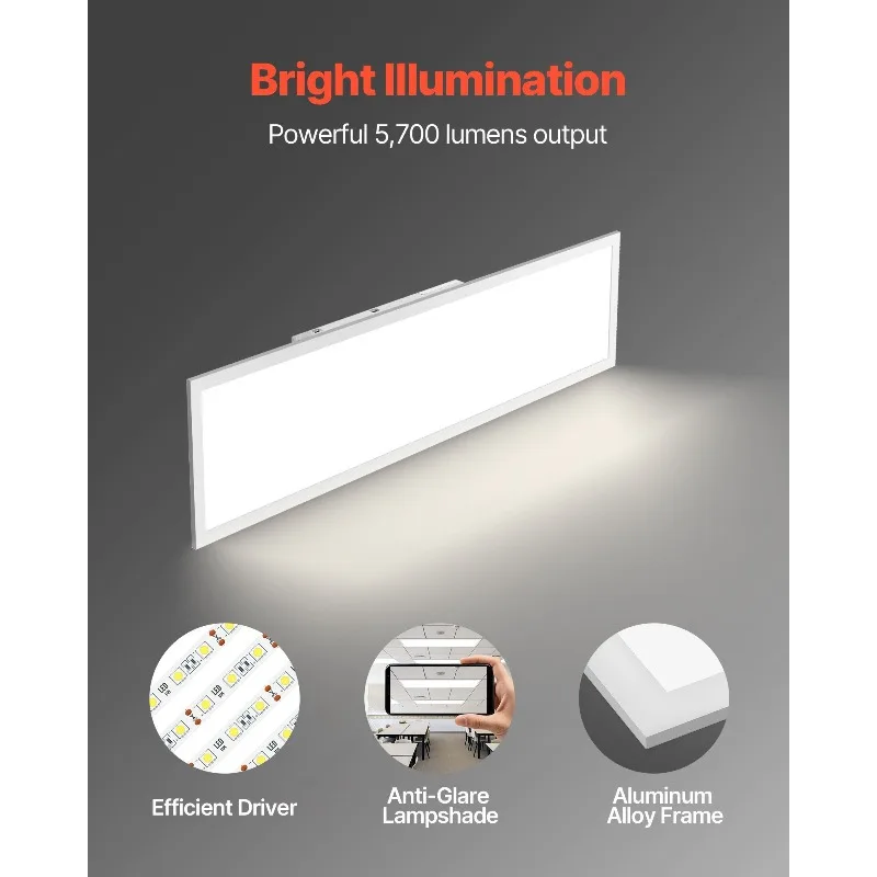 1x4 قدم LED ضوء لوحة مسطحة 5700LM تركيب المصابيح السقف 3000K/4000K/5000K 2 قطعة