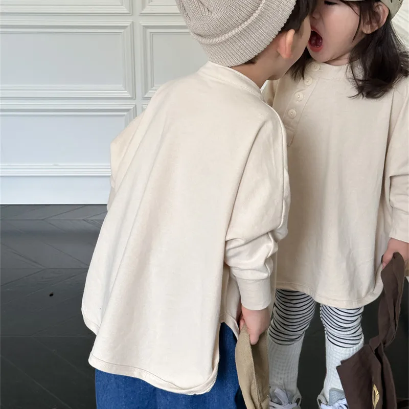 2024 Spring New Boys and girls solid color Slanted button Sweatshirt japanese style children cotton loose T shirts Tops