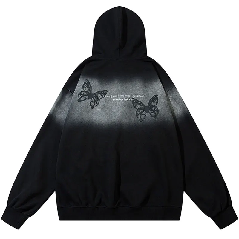 Hip Hop Black Hoodie Grunge Embroidered Letter Butterfly Graphic Printed Tie Dye Hooded Sweatshirt Punk Gothic Oversize Pullover