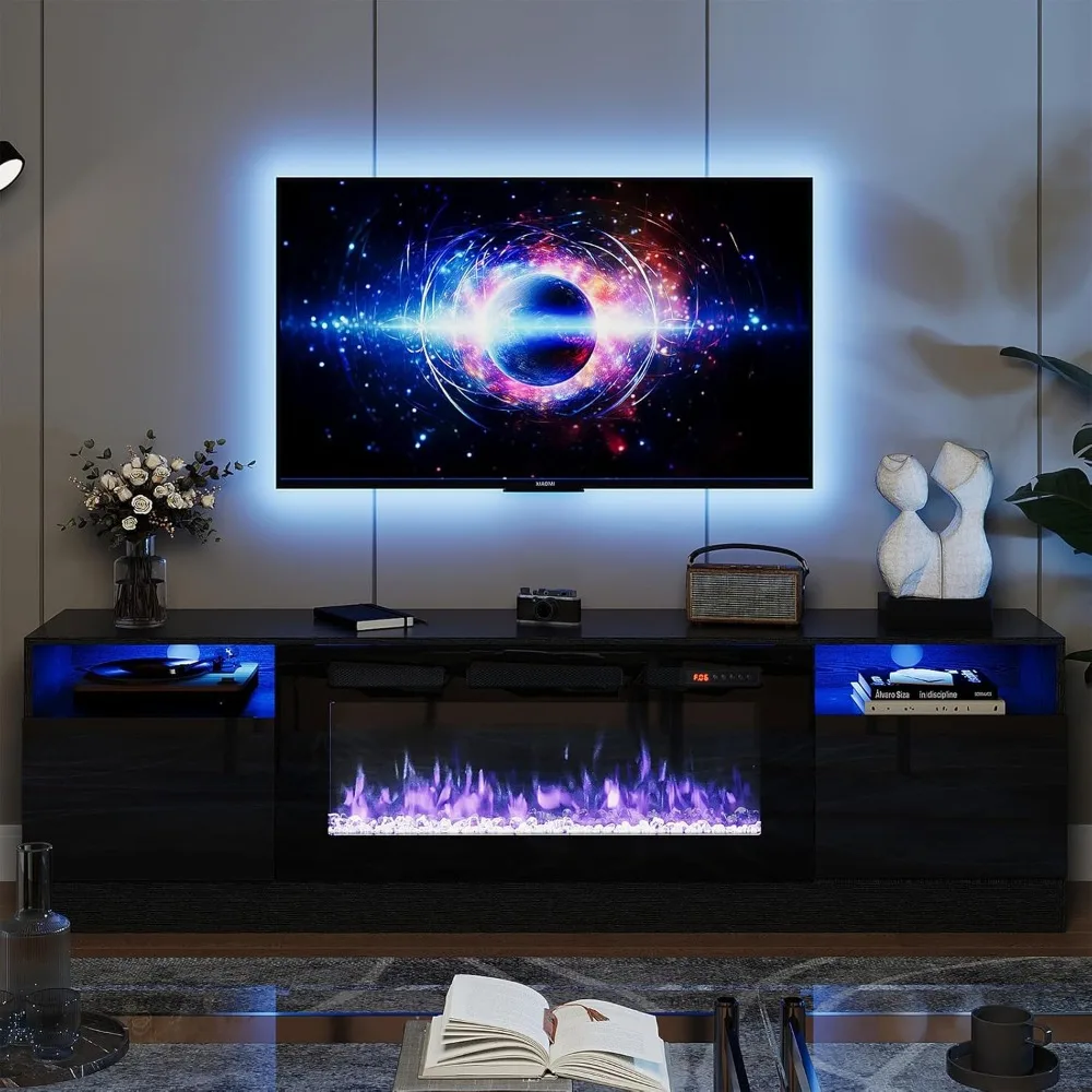 

TV Stand with Electric Fireplace, LED Light Entertainment Center, Modern Wood Texture Entertainment Stand with Highlight Storage