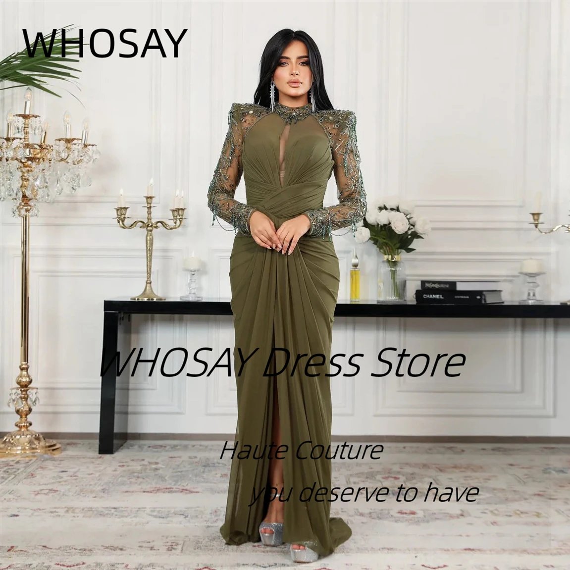 

WHOSAY Beading Evening Dresses High Collar Long Sleeves Special Occasion Dress Customized Ruched Front Slit Prom Party Gowns
