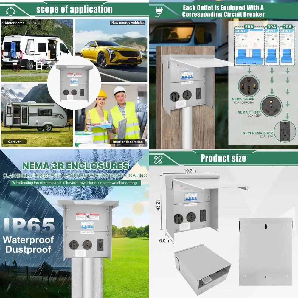 

Панель временной розетки для автофургона. Электрическая панель для автофургона. Розетка 20 30 и 50 А с закрытым выключателем, запираемым и погодой.