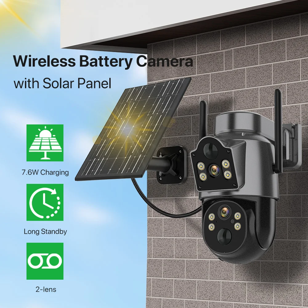 Wireless Outdoor Security Dual Lens Camera Built-in Battery Solar WiFi Camera 4MP Video Surveillance PTZ IP Camera iCSee