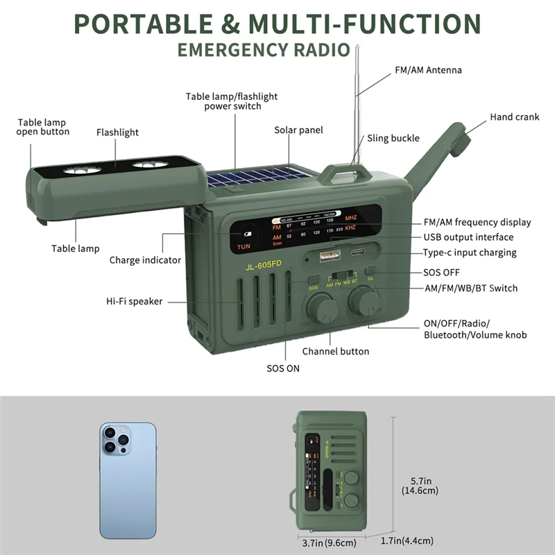 ABSQ-Solar Handslingerradio Outdoor Solar Handslingerradio Draagbare AM/FM/NOAA-radio Bluetooth-luidspreker met LED-leeslamp Gre