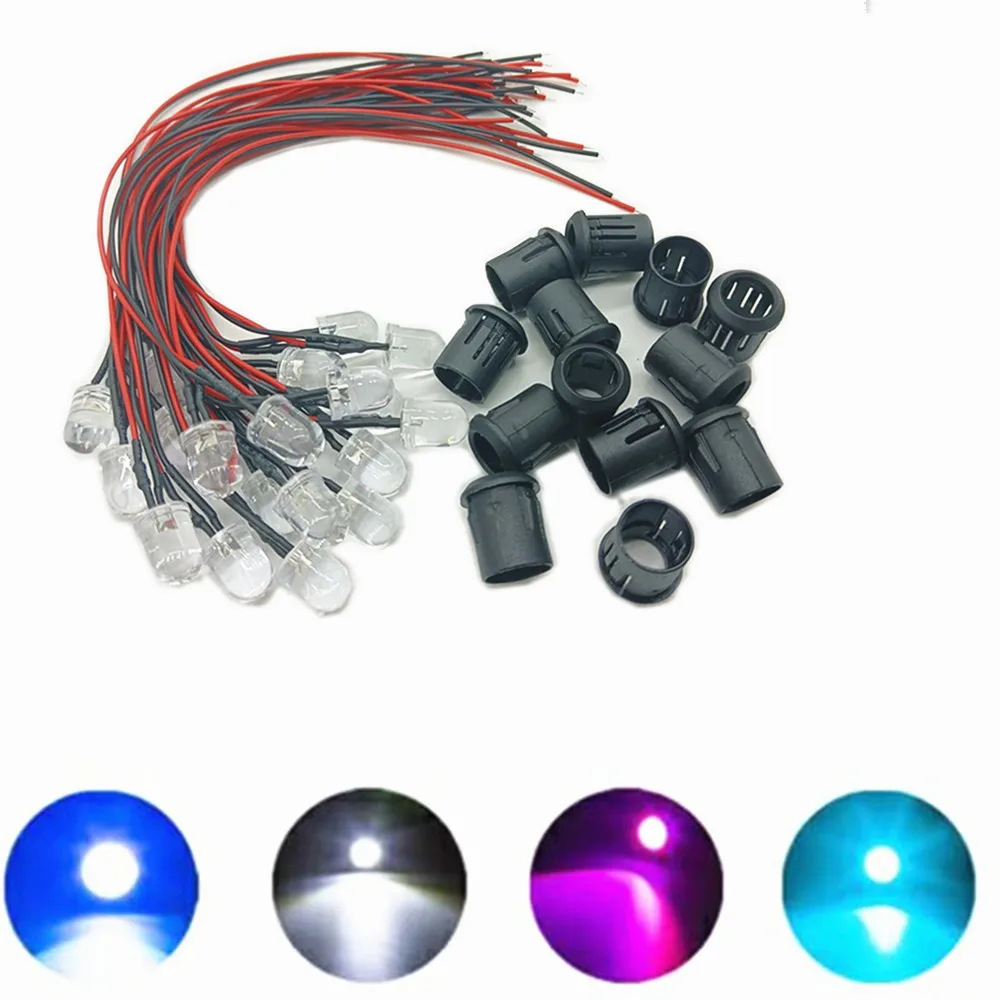 투명 LED 다이오드 DC3V 5V 12V 24V 3MM 5MM 10MM, 레드/그린/블루/옐로우/UV/오렌지/핑크/핫/화이트/RGB 프리-20 개 케이블