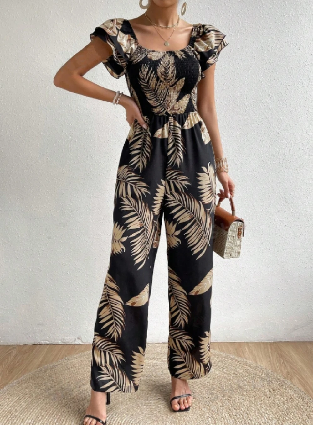 

Women's Jumpsuit Spring Summer Khaki Floral Print Short Sleeve Wide Leg Loose Fit Casual Daily Vacation Trousers Playsuit