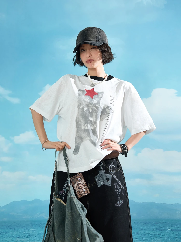 Damon Island American High Street プリント オルト スヴェ T シャツ ex Qui ドライ クール フィーリング サマー トップ カップル用