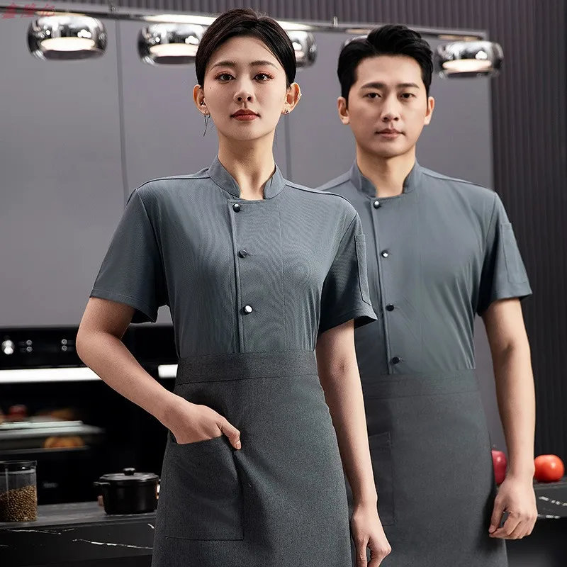 Jaqueta de chef de manga curta respirável fina de verão para catering hotéis restaurantes cafés padeiro uniforme de trabalho