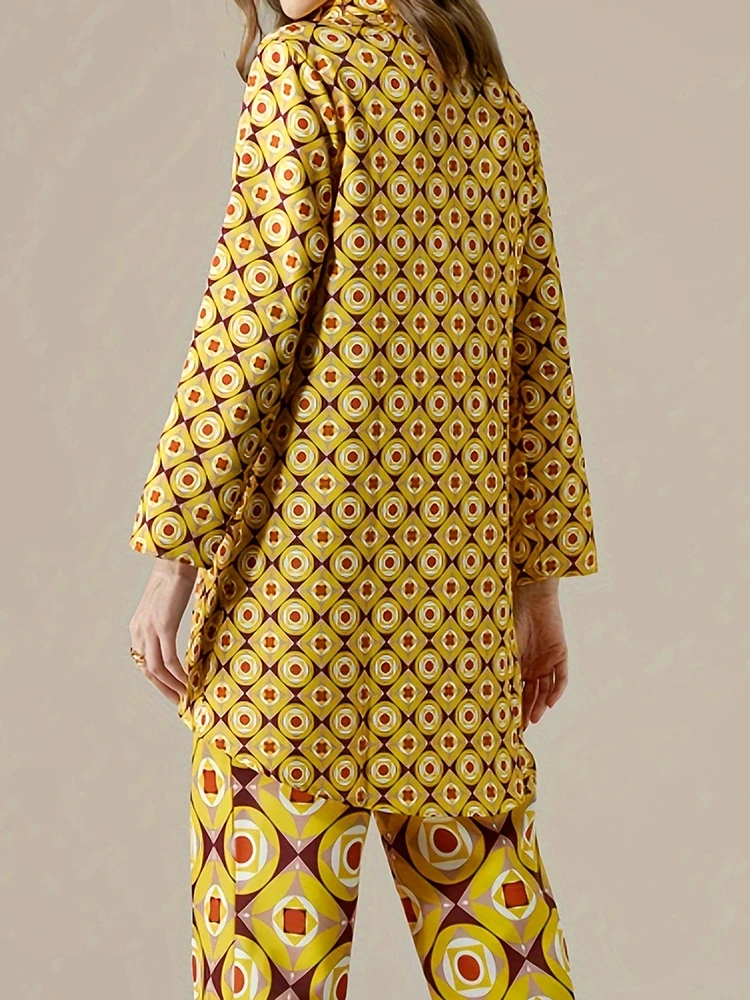 

Осенние рубашки с длинными рукавами с лацканами и прямые брюки, модные повседневные женские комплекты для поездок на работу, хипстерский новый узор, комплект из двух предметов с принтом