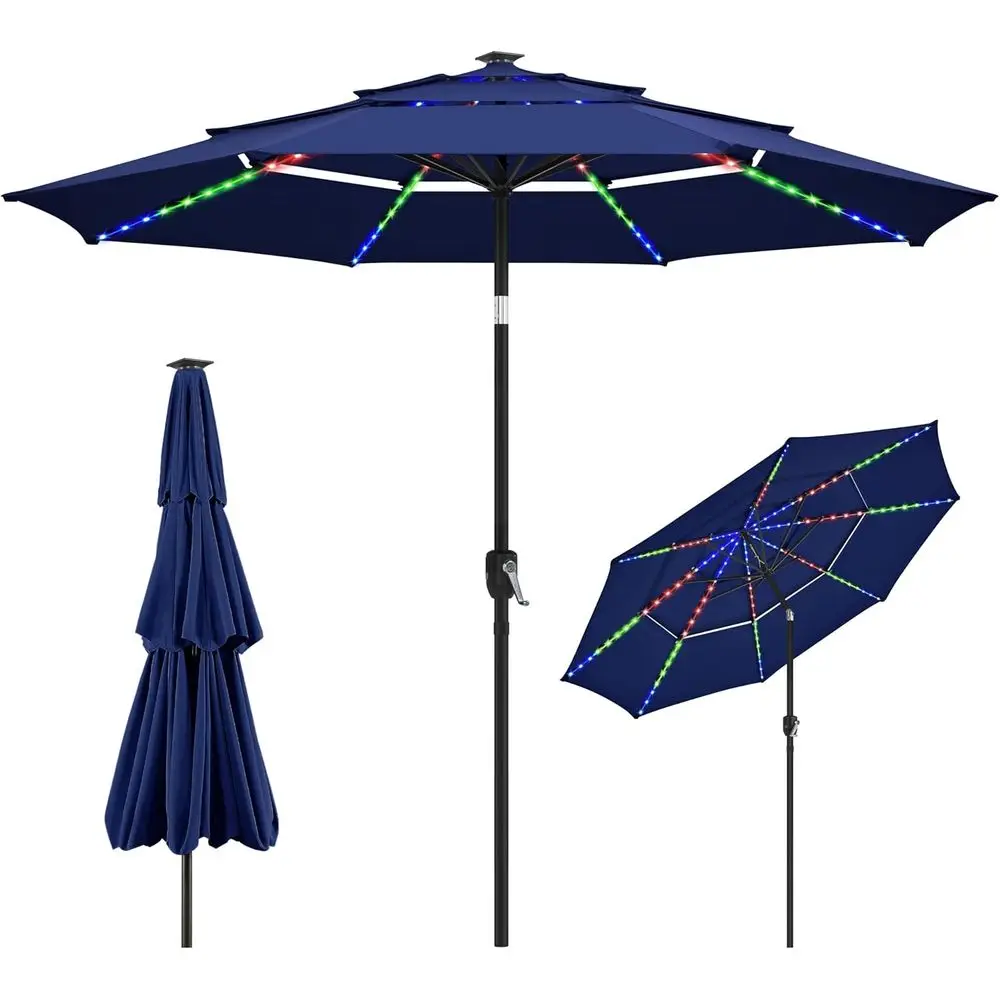 

10t 3-Tier r Patio Umbrella, Outdoor Market Umbrella w/ 24 LED Lights, 8 Sturdy Ribs, Adjusent, Easy Crank or Garden, Deck, Navy