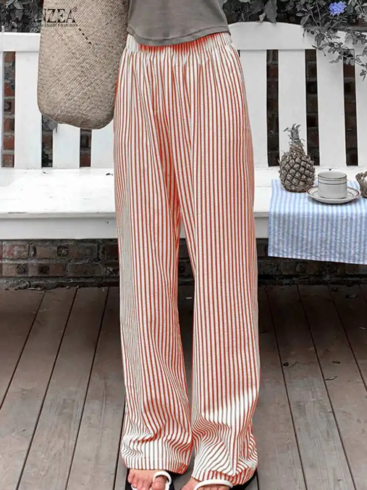 ZANZEA 2024 Korean Stripes Straight Pants Women Fashion High Waist Wide Leg Trousers Summer Casual Elastic Waist Loose Pantalon