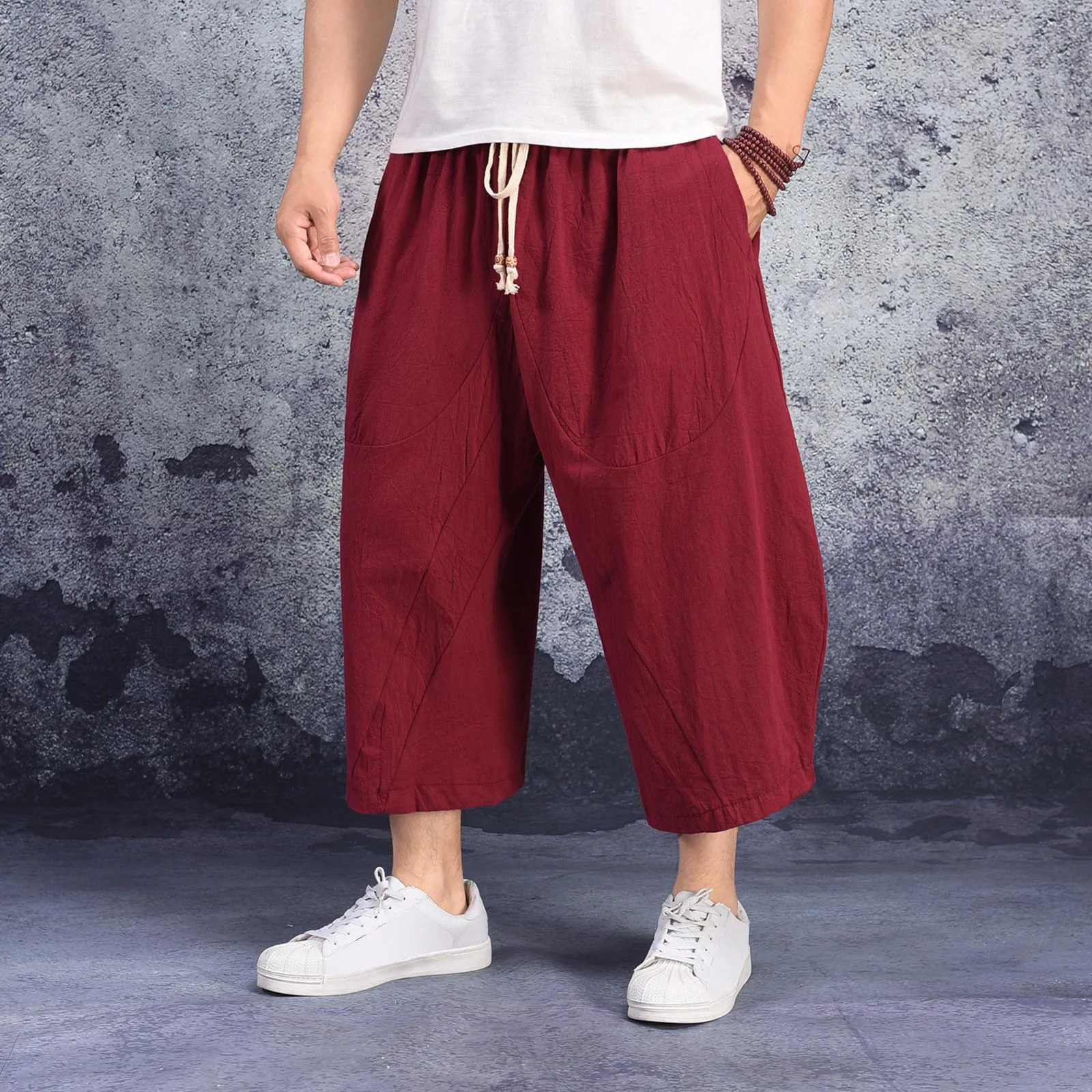 Spring Summer Cotton Linen Capris Men'S Solid Color Jogging Pants Classic Drawstring Double Pocket Trousers Hawaiian Beachwear