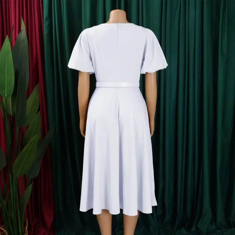 فساتين مكتب للسيدات للعمل الرسمي برقبة دائرية وأكمام منتفخة وخصر ملفوف على شكل حرف a مع حزام فستان ضيق فساتين أفريقية