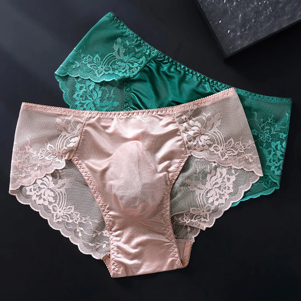 Men Lace Seamless Ice Silk Briefs Underwear 3D Bulge Pouch Low Waist Gay Panties Soft Quick Dry Breathable Sexy Panties