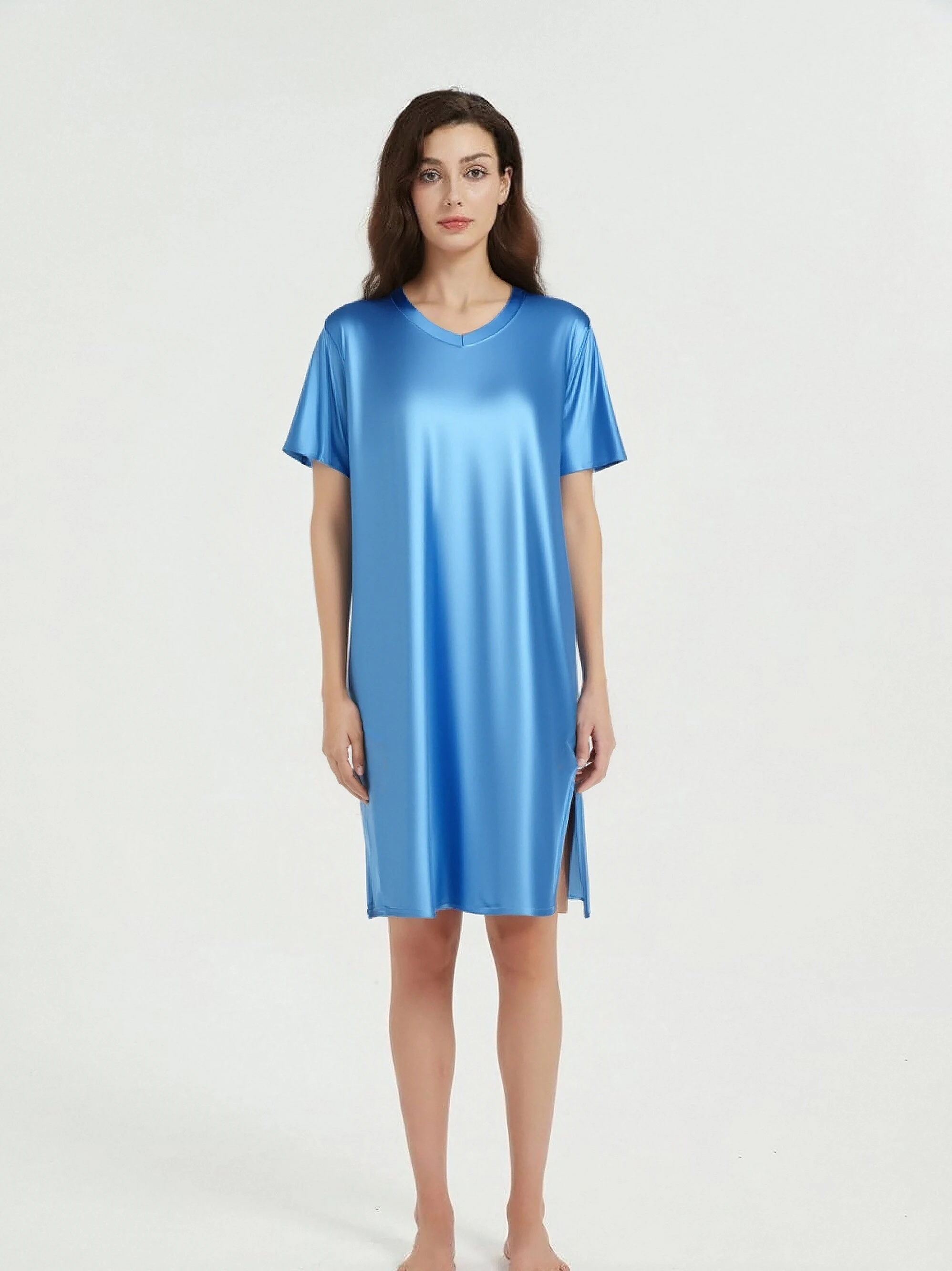 Women's Glossy Soft Silky Long Dress High Stretch V-neck Long Sleeve Loose Casual Nightgown Comfortable Plus Size Home Wear