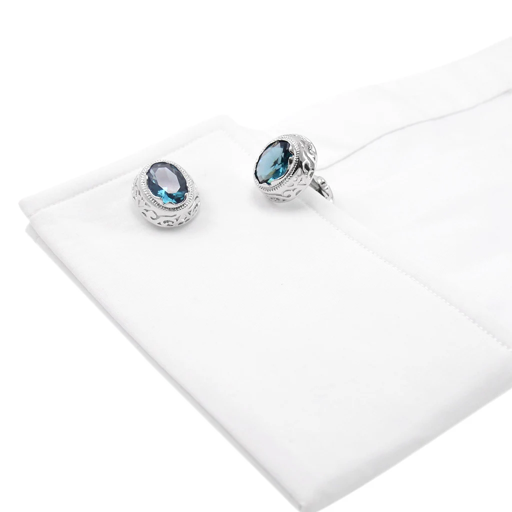 NVT Fashion Blue Zircon Cufflinks For Mens Shirt Commemorative Gift Free Engraving Name Silver Color Cuff Button Wedding Jewelry