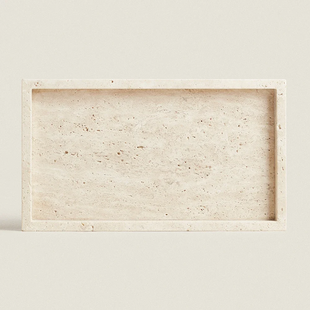 Travertine Stone Bathroom Vanity Tray for Cosmetic Perfume Natural Marble Kitchen Sink Tray for Soap Dispenser Sponge Holder